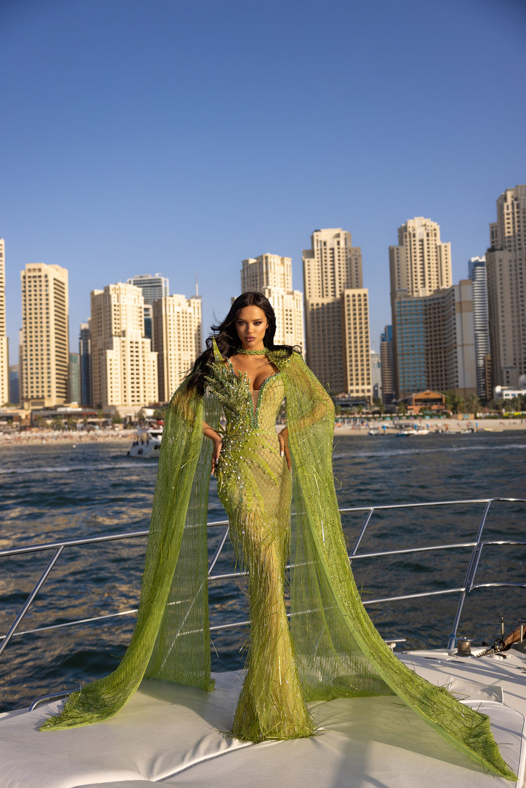 Leaf Detail Green Dress with Detachable Cape