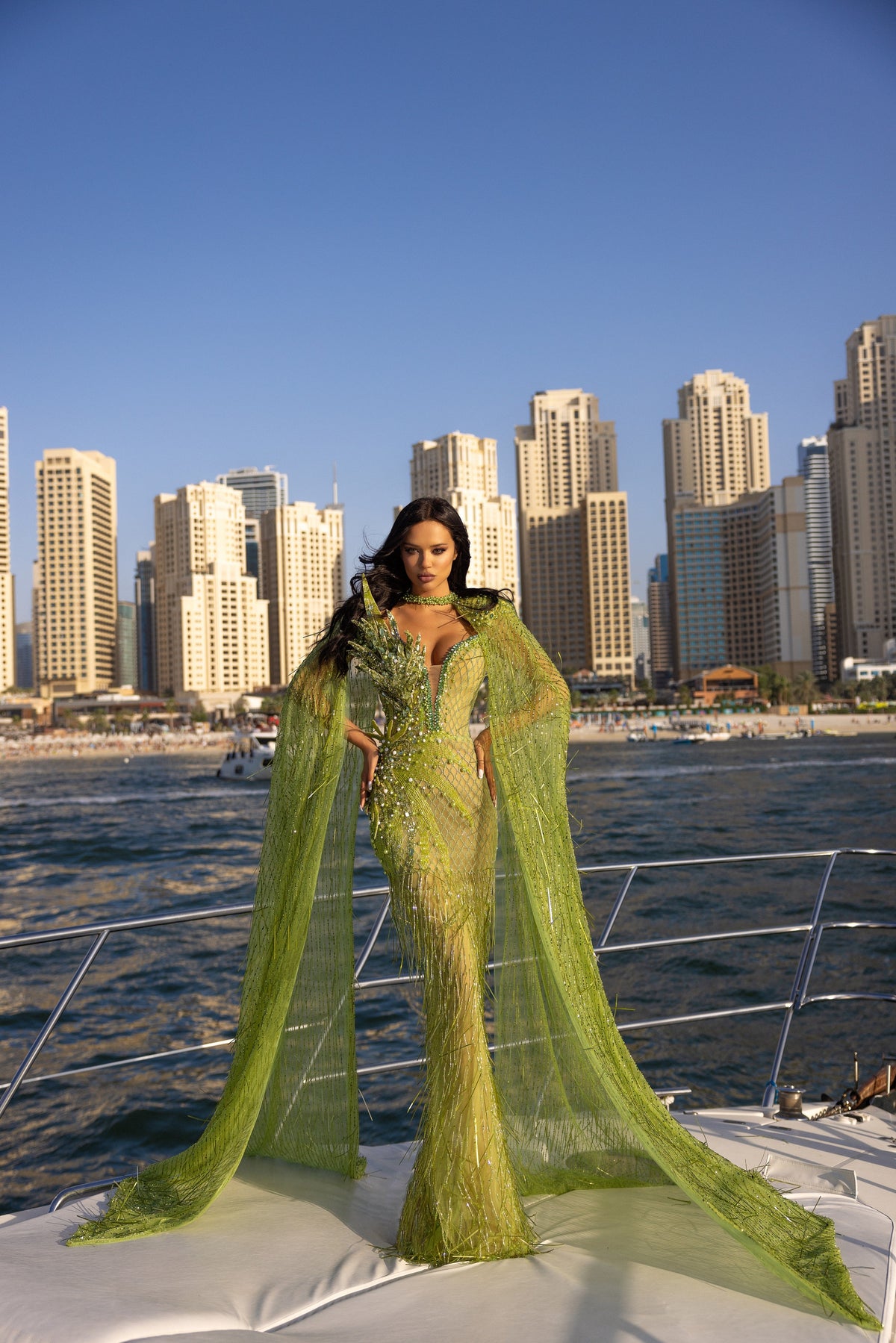 Leaf Detail Green Dress with Detachable Cape