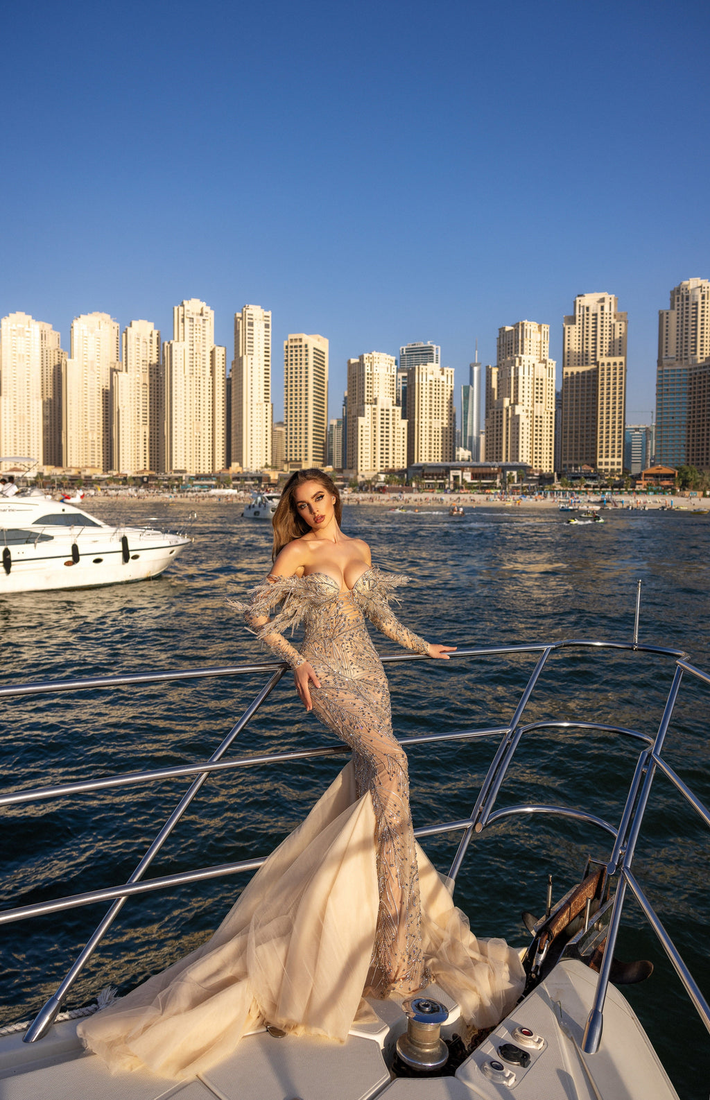 Off Shoulder Sleeves Leaf Embroidered Silver Dress with Tulle Train