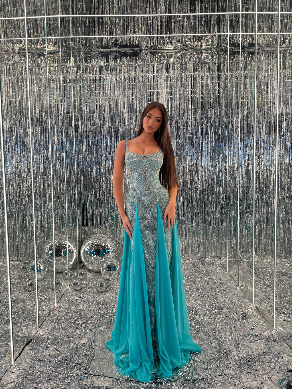 Donya - Turquoise Beaded Mermaid Gown with Draped Panels