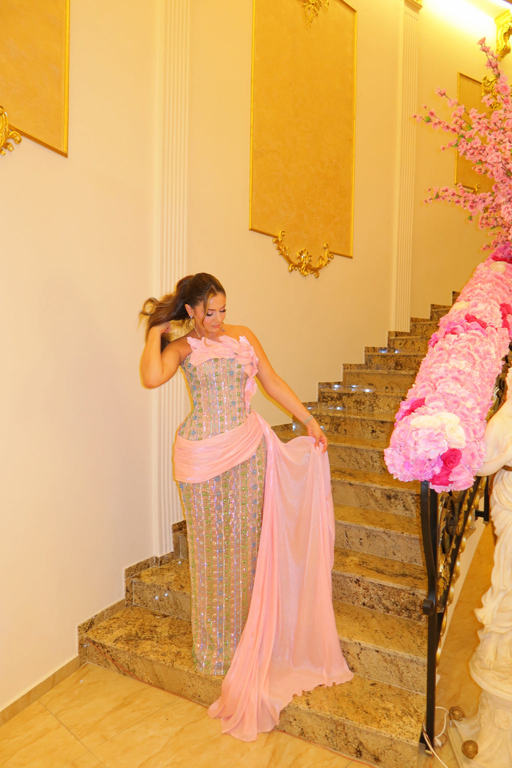 Pastel Pink Floral Dress with 3D Appliqué and Chiffon Wrap