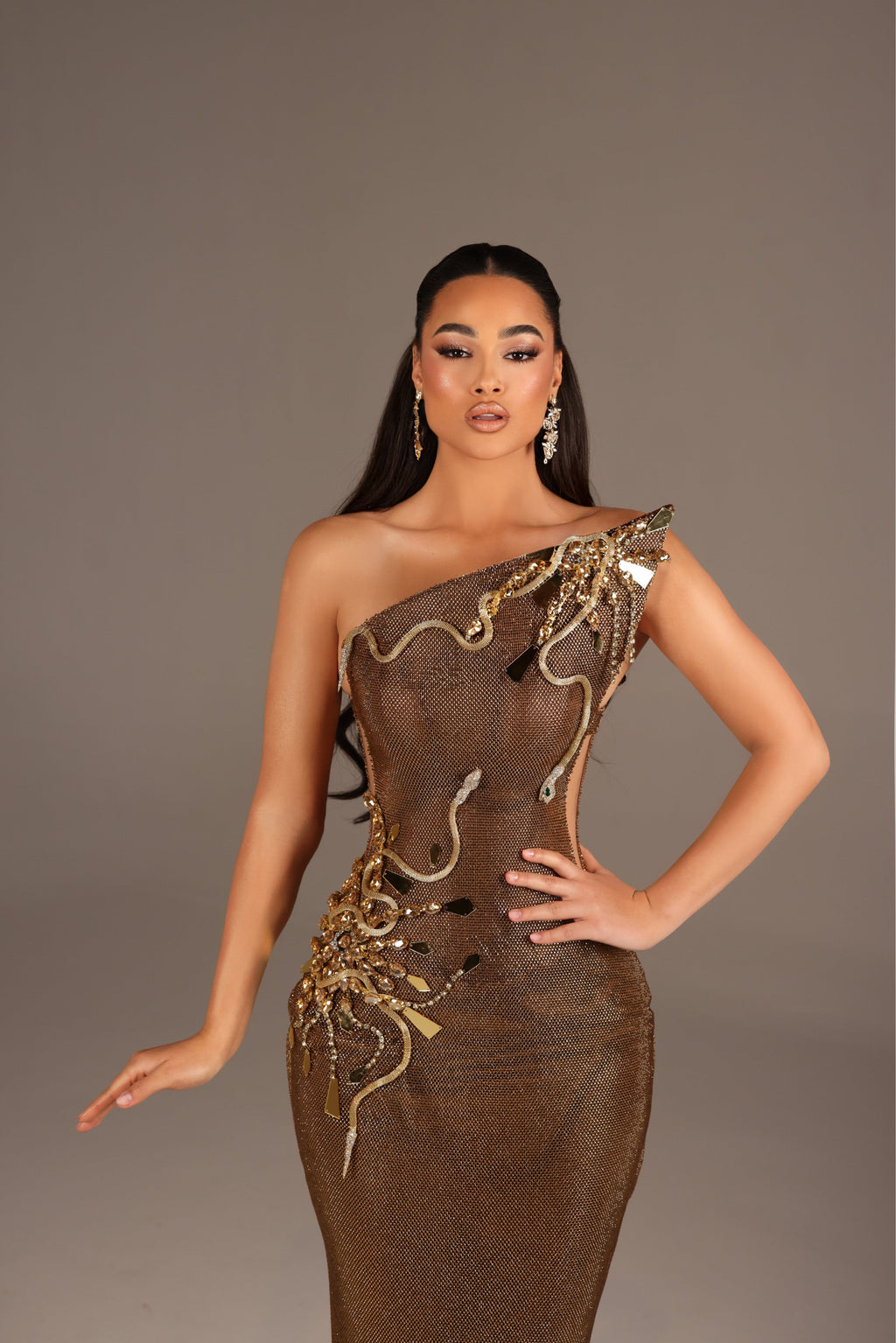 Alexa - One Shoulder Metallic Embellished Gown