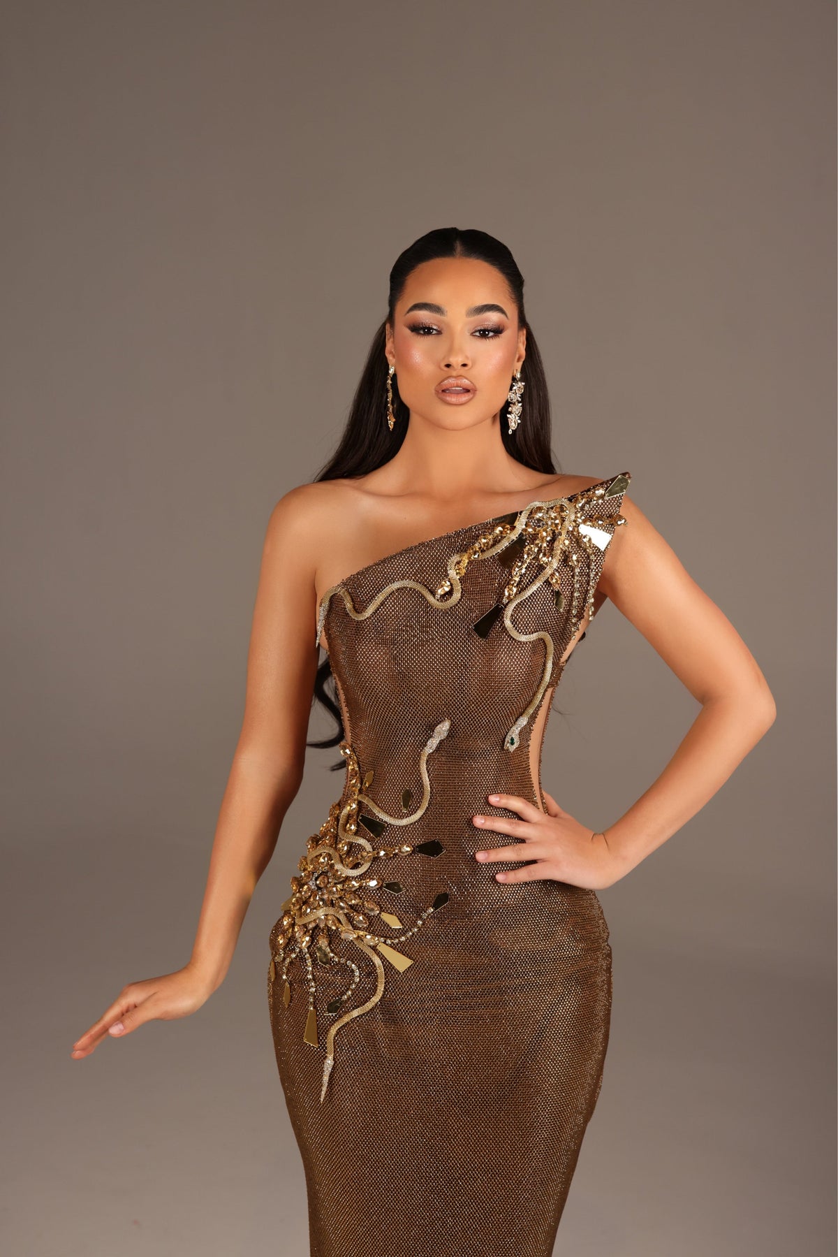 Alexa - One Shoulder Metallic Embellished Gown