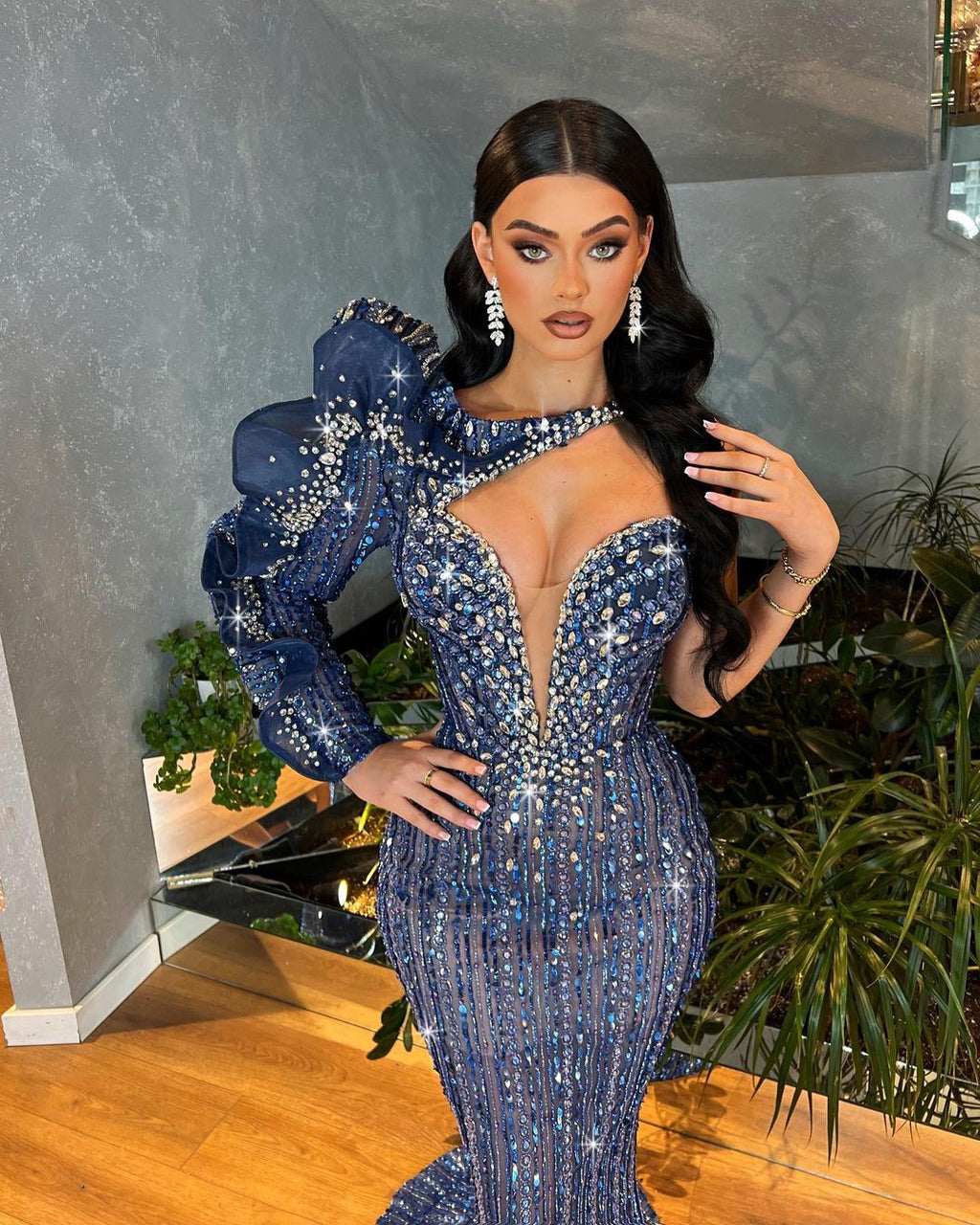 One Shoulder Sleeve Royal Blue Embroidered Dress