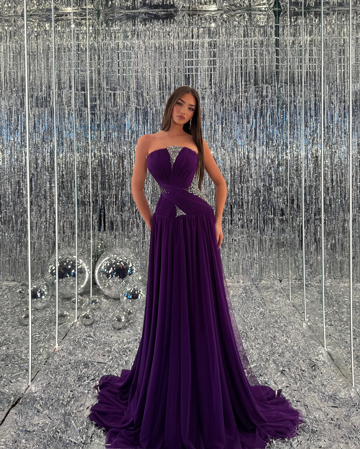 Adara – Strapless Chiffon Beaded Gown