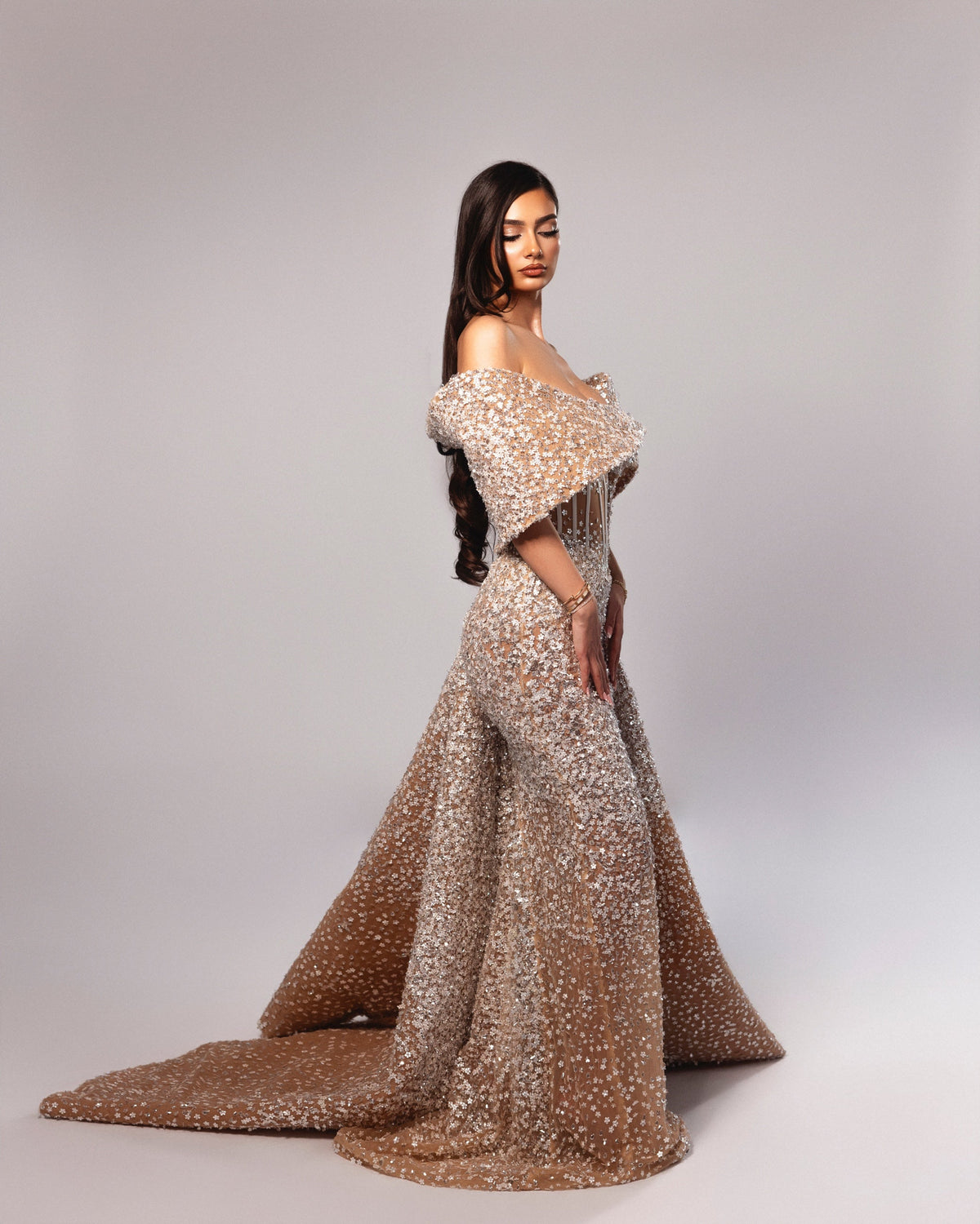 Off Shoulder Embellished Corset Gown with Draped Sleeves