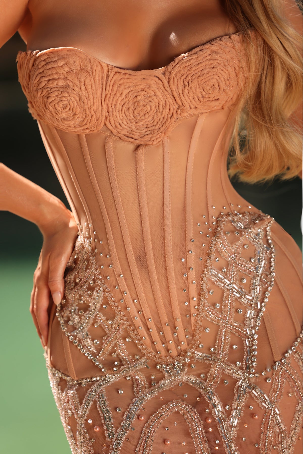 Ana - Rosette Bust Crystal Corset Gown