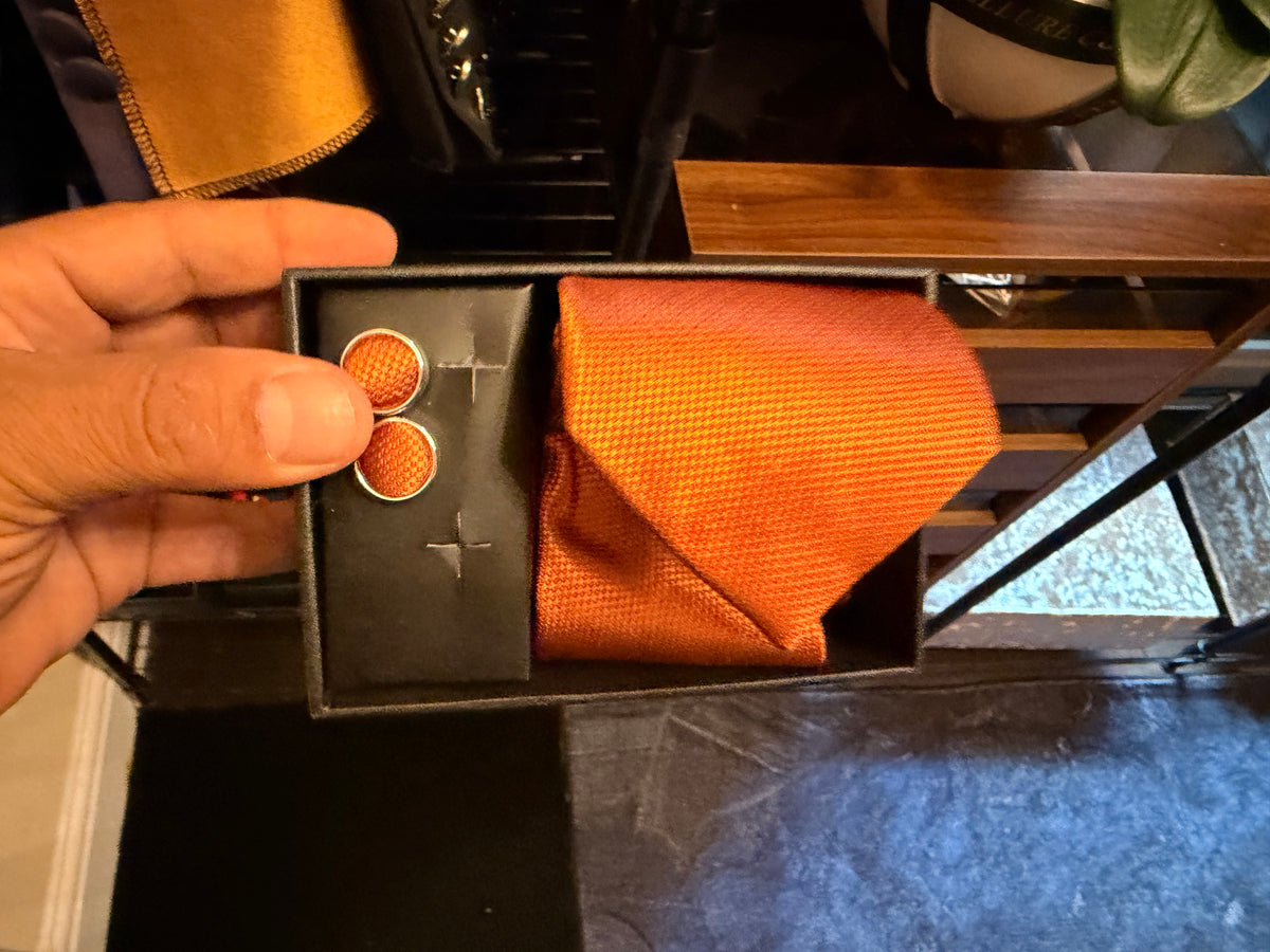 Burnt Orange Tie & Cufflinks Set | Luxury Menswear | Vellure Couture