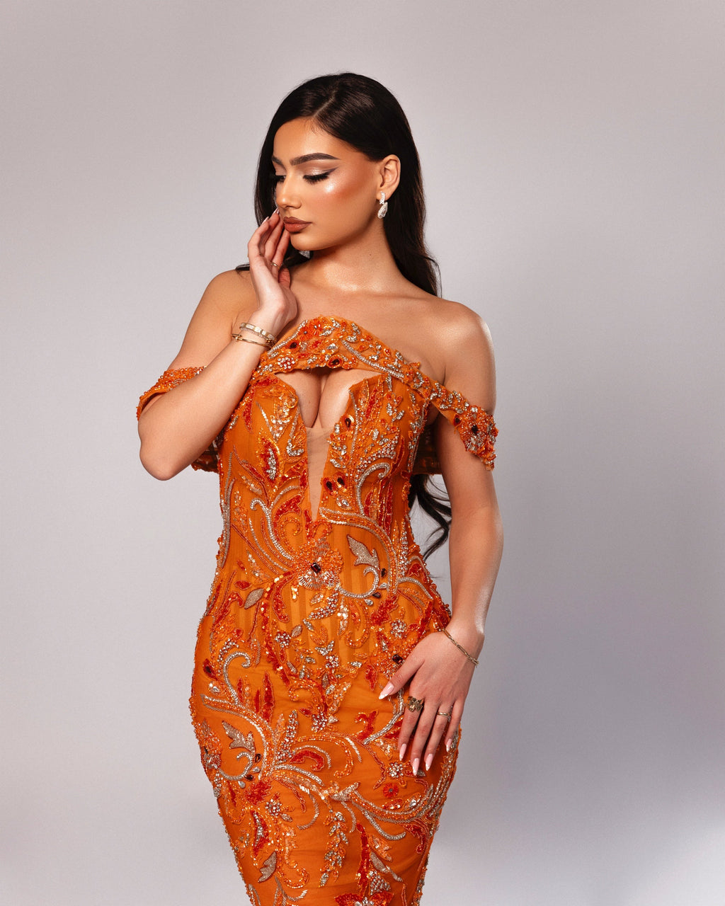 Floral Beaded Off Shoulder Gown
