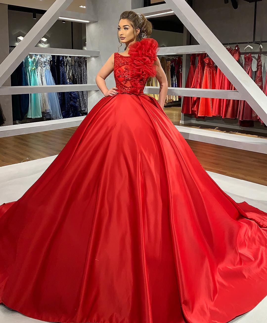 Red Sleeveless Ball Gown with Ruffle Tulle Detail