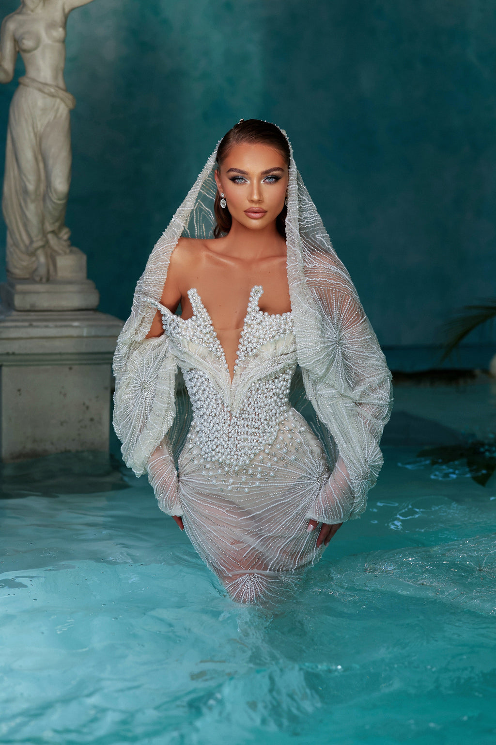 Pearl Embroidered White Mermaid Dress with Cape