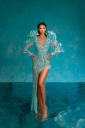 Side Slit Tassel Aqua Dress with Feathered Sleeves