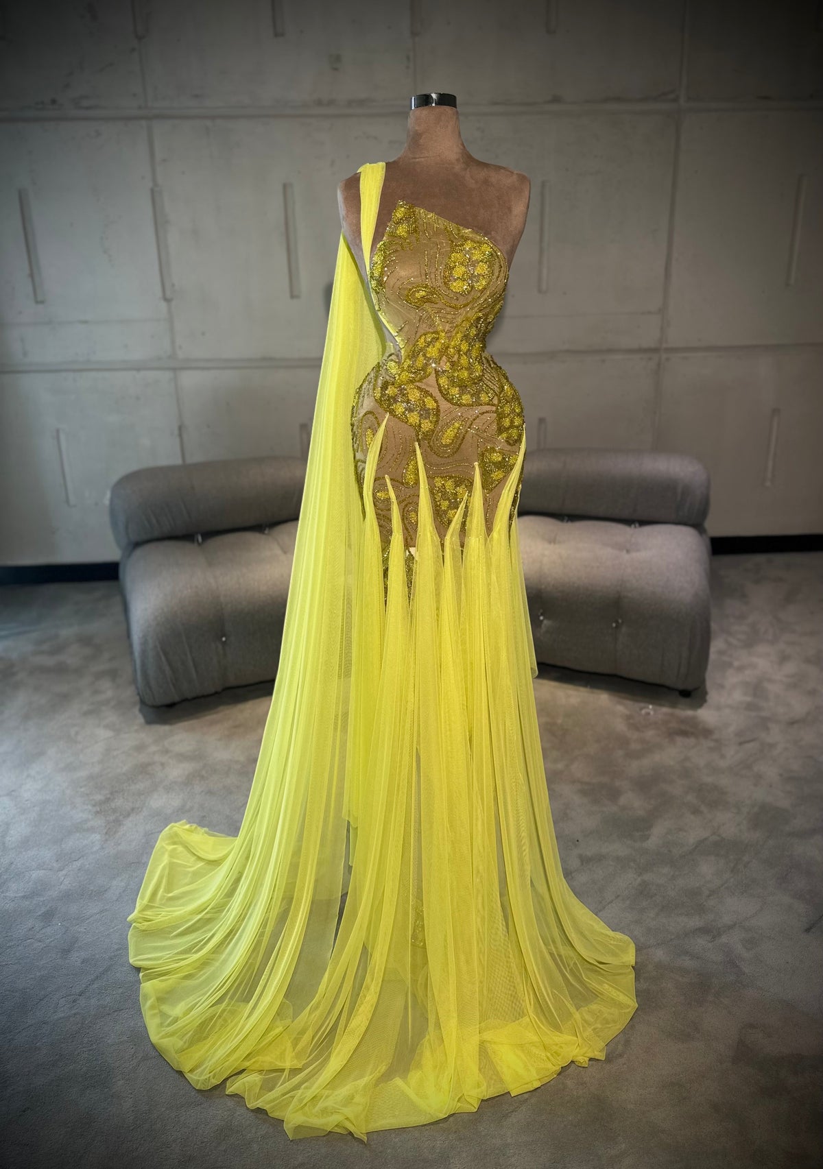 Amirah – One Shoulder Yellow Beaded Gown