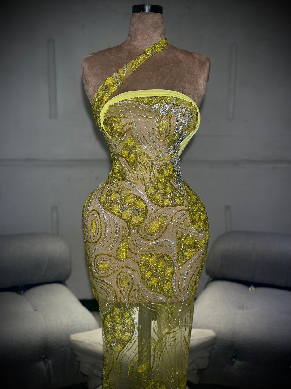 Elia - Yellow OneShoulder Crystal Gown