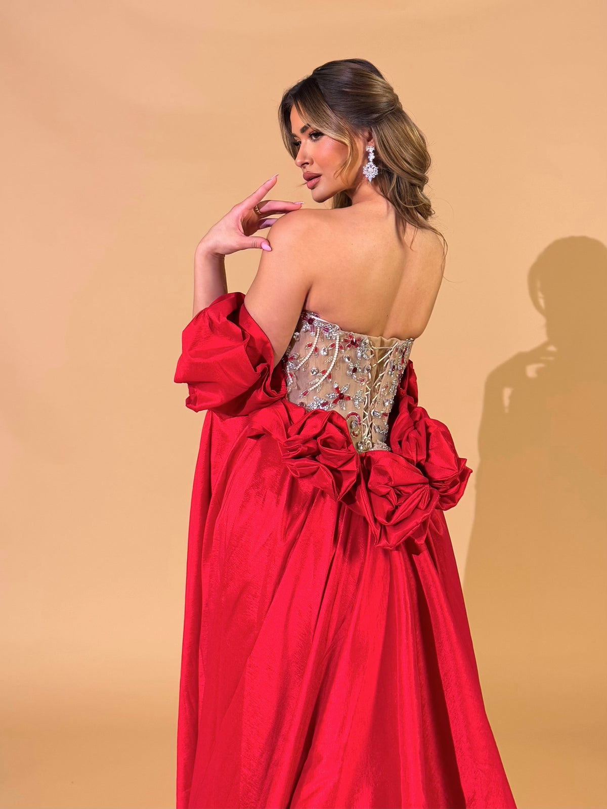 Red Cape Couture Dress with Nude Crystal Embellishments