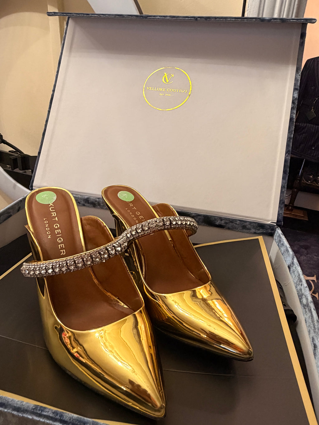 Kurt Geiger Gold Crystal Strap Stiletto Mules | Luxury Footwear | Vellure Couture