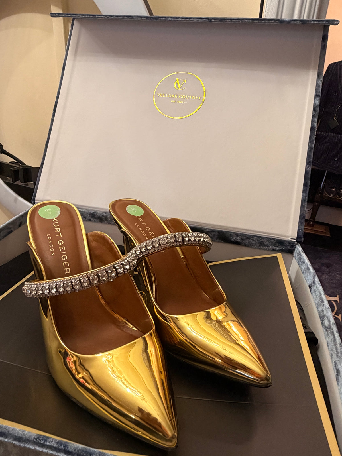 Kurt Geiger Gold Crystal Strap Stiletto Mules | Luxury Footwear | Vellure Couture