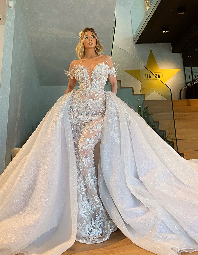 Floral Lace Gown with Detachable Train