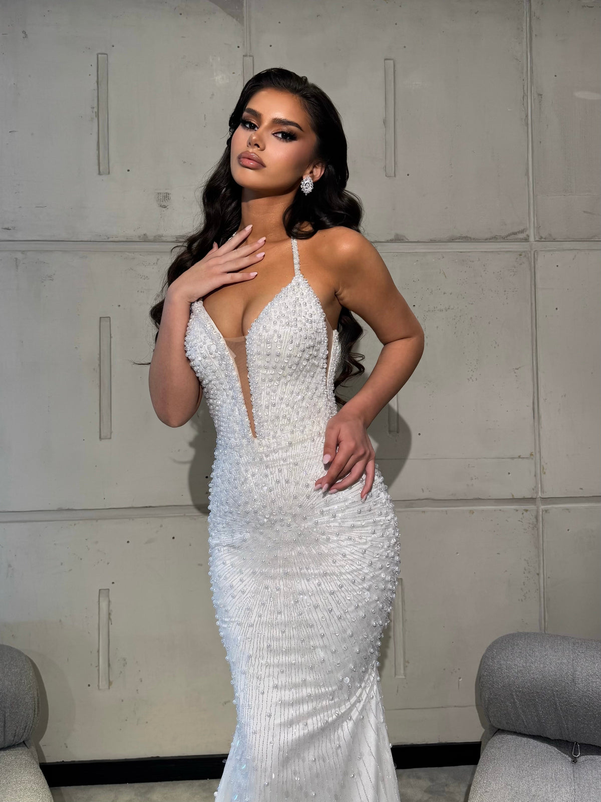 Long Bridal Dress with Pearl Beading and Feather Tulle Cape
