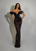 Elène – Off-Shoulder Black Embellished Gown with 3D Floral Detail