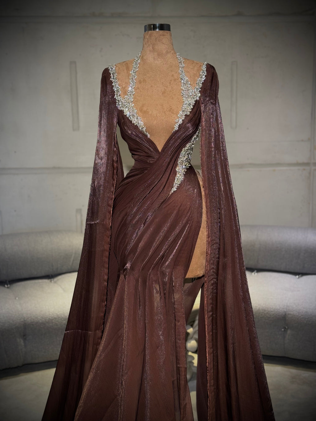 Amèla – Brown Gown with Deep Plunge