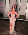 Strapless Side Slit Feathered Dress