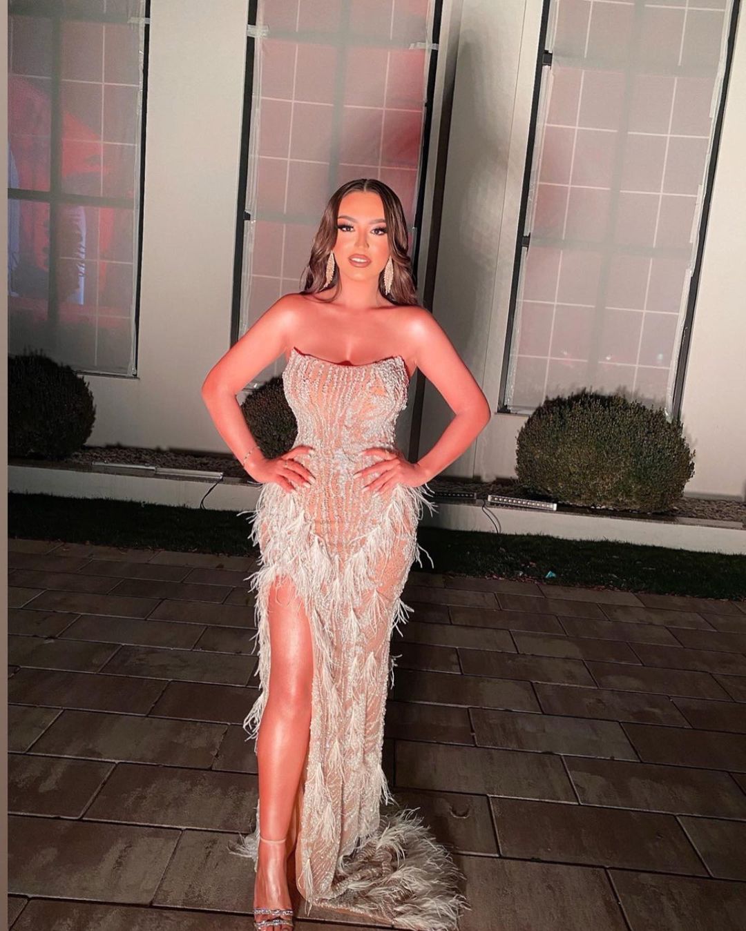Strapless Side Slit Feathered Dress