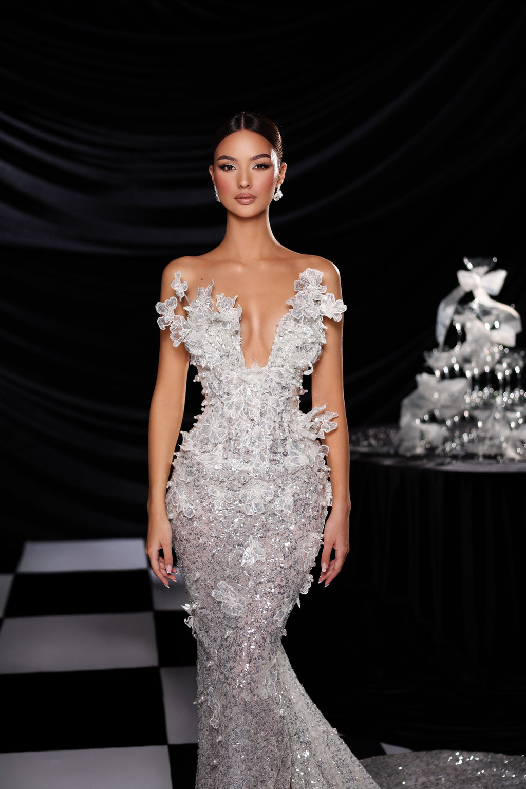 Strapless floral bridal gown with detachable cape