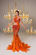 Waist Cut-Out Orange Feathered Mermaid Dress