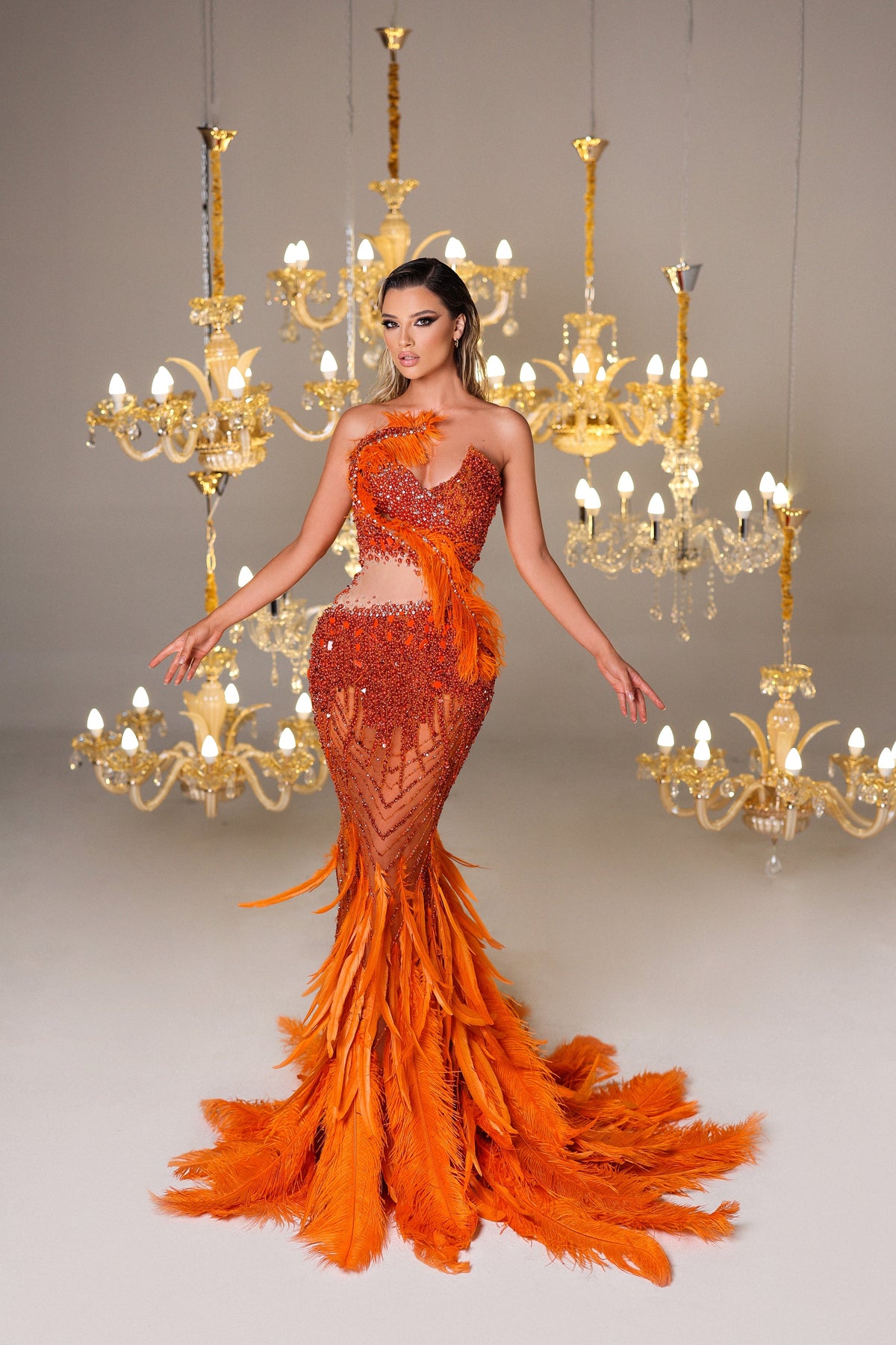 Waist Cut-Out Orange Feathered Mermaid Dress