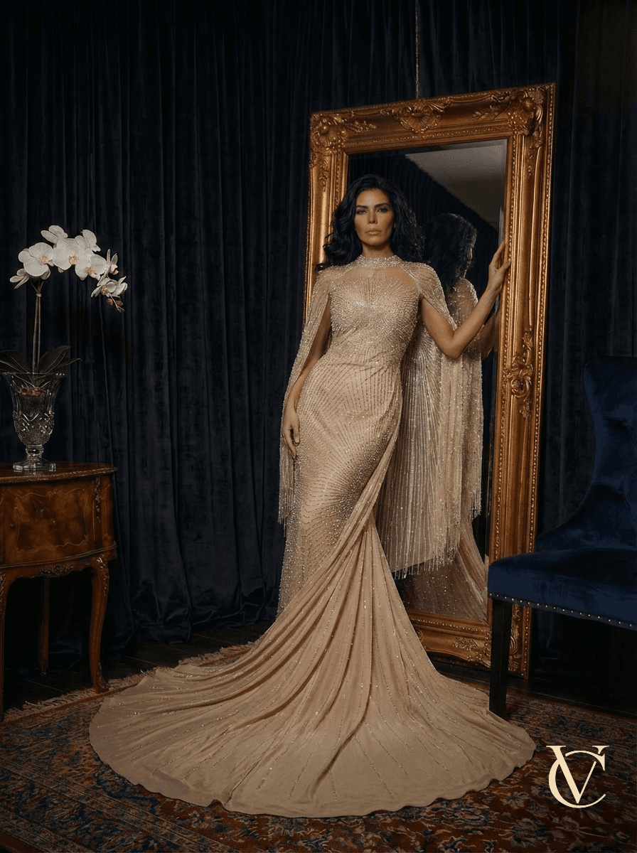 Crystal Cape Gold Evening Dress