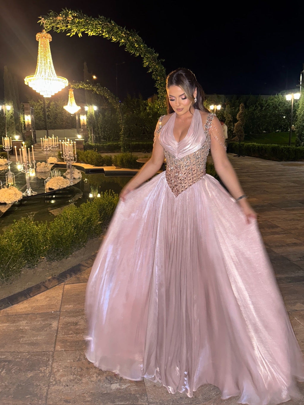Serenaya – Blush Embellished Flowing Dress
