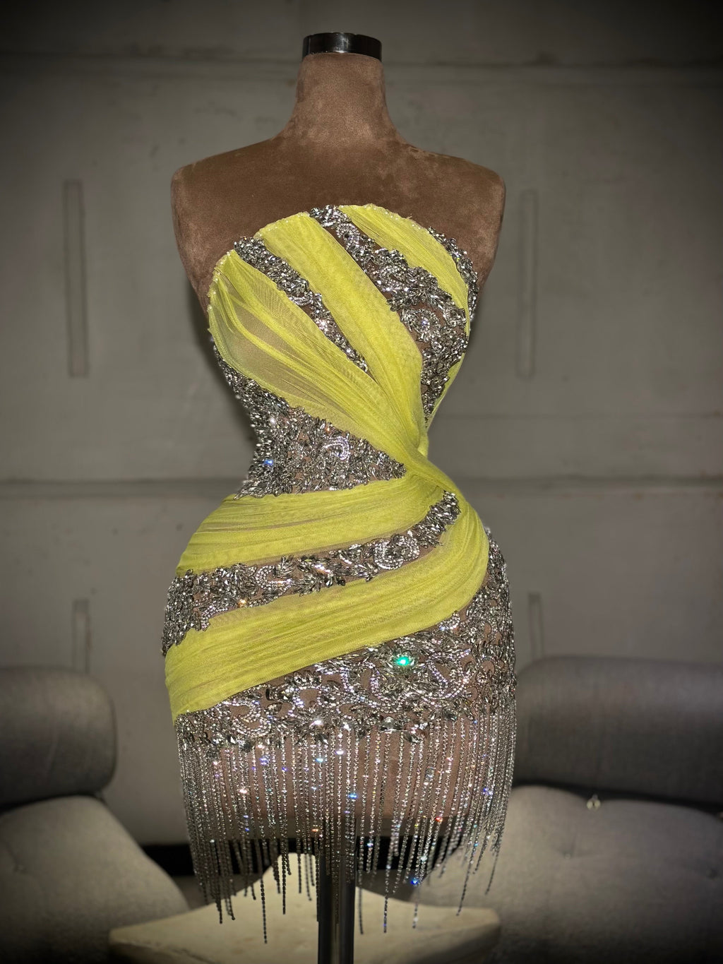 Laria - Silver & Neon Yellow Mini Dress with Fringe