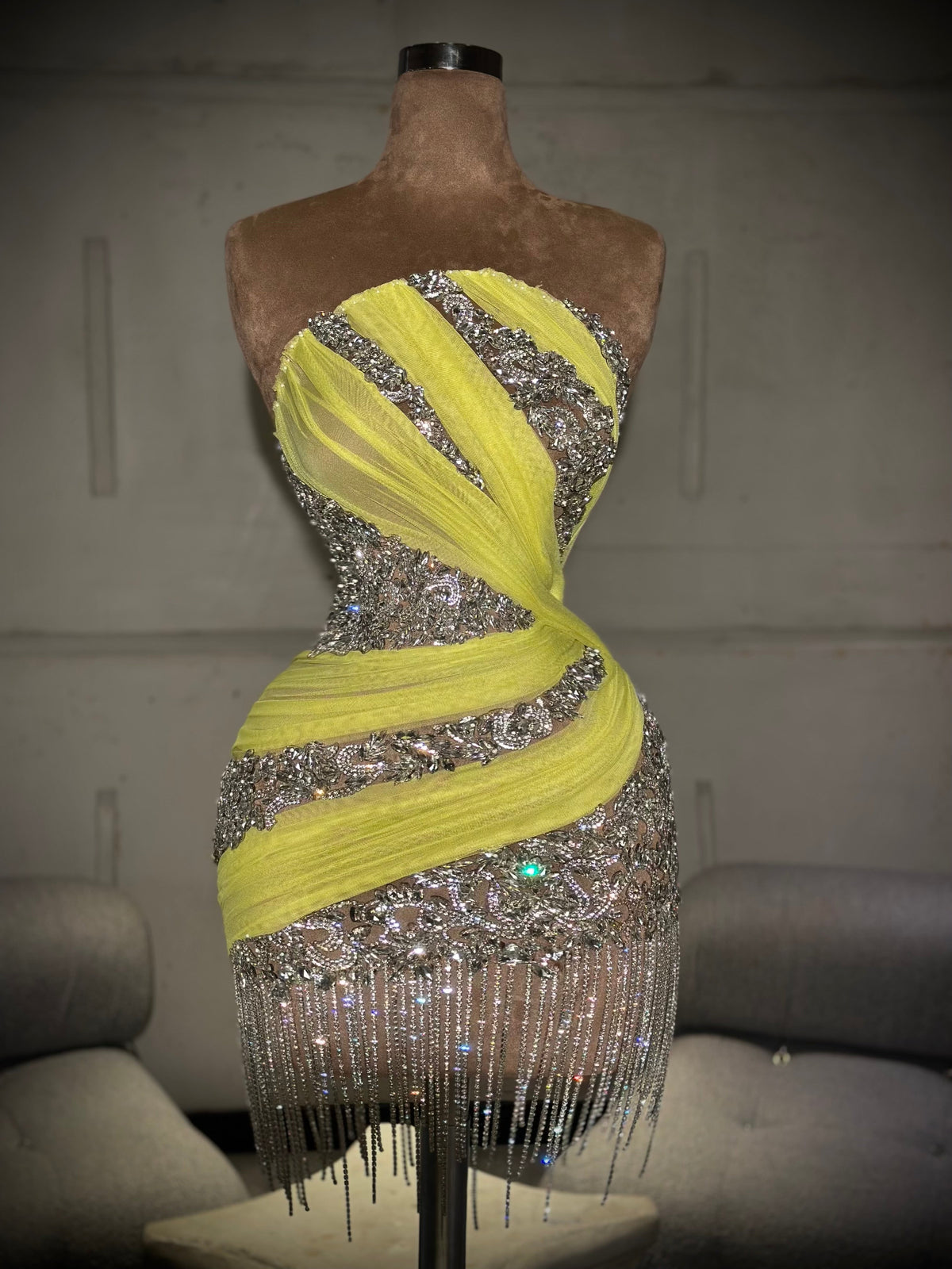 Laria - Silver & Neon Yellow Mini Dress with Fringe