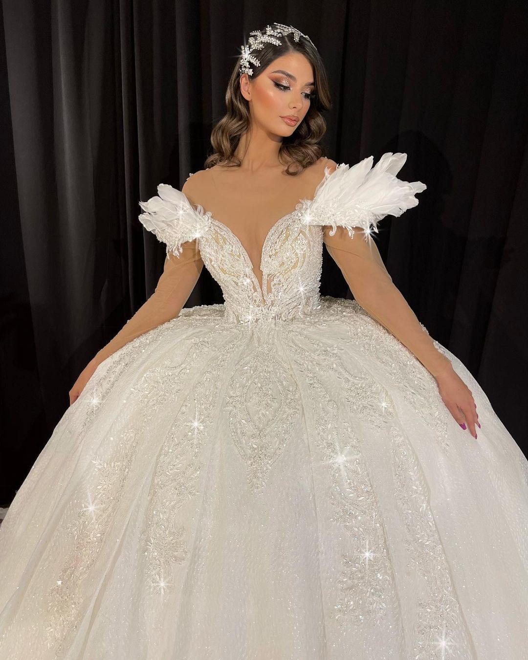 Bridal Lace Gown with Feathered Straps