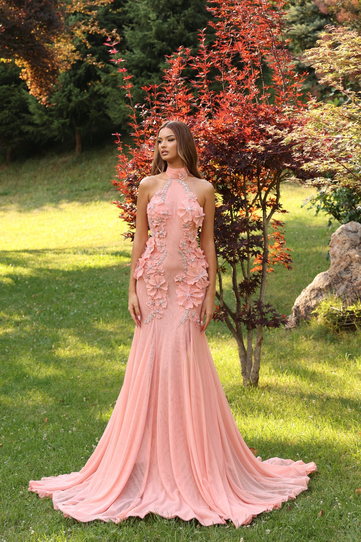 Elara – High Neck 3D Floral Gown