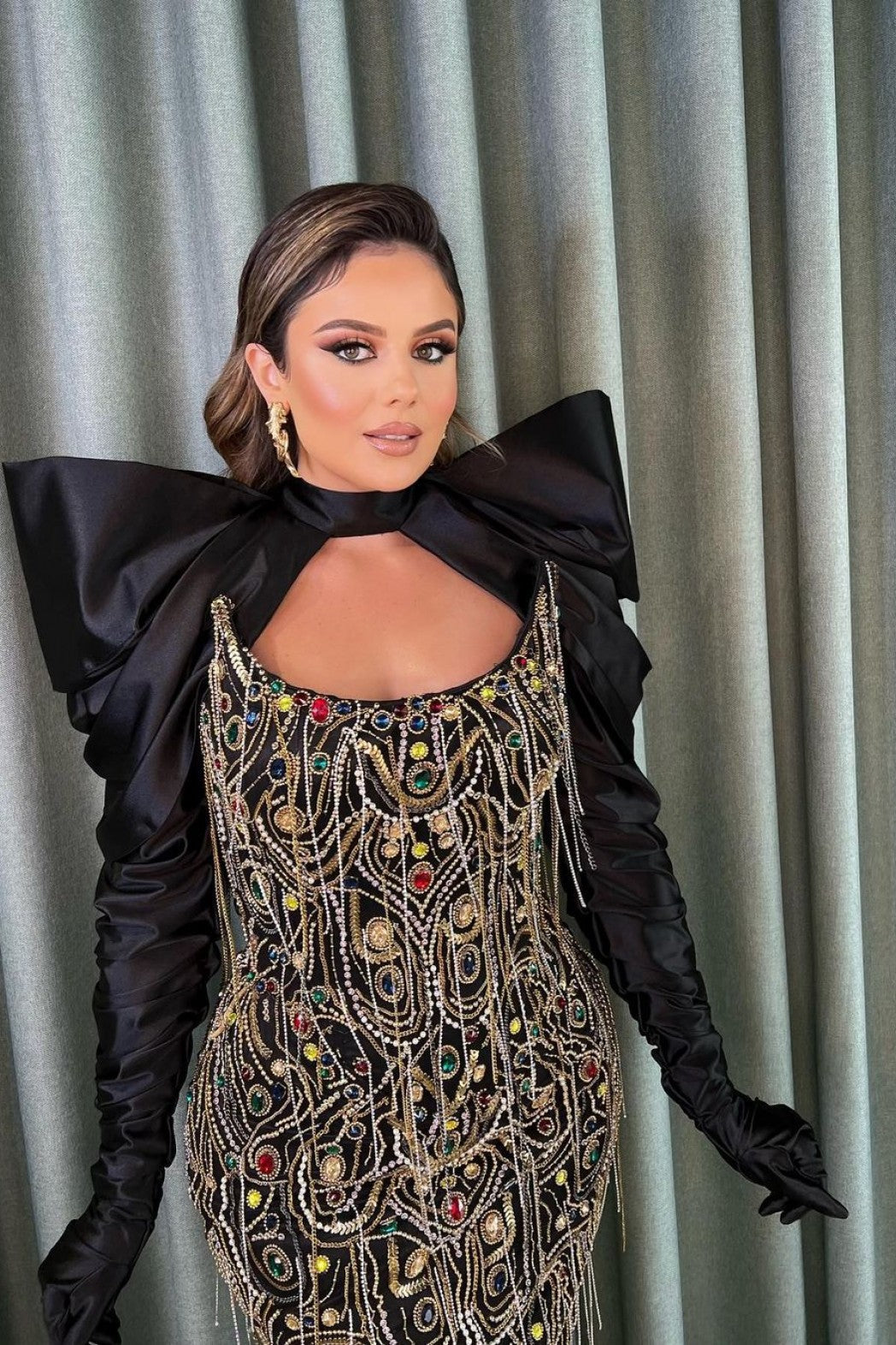 Black Embellished Dress with Detachable Sleeves