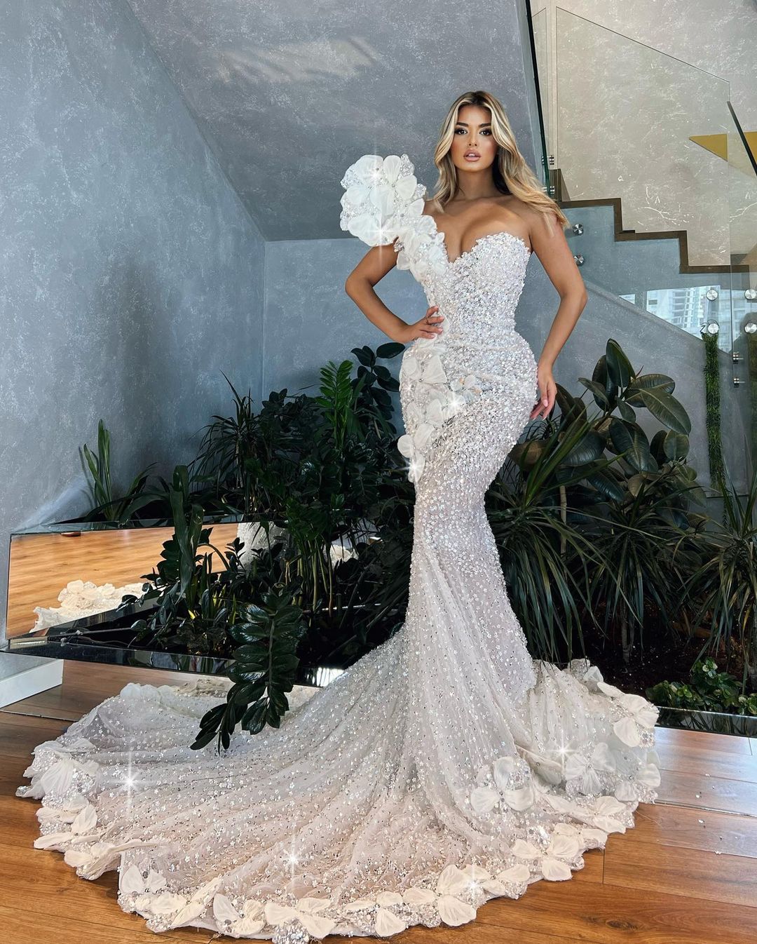 One Shoulder Mermaid Floral Gown
