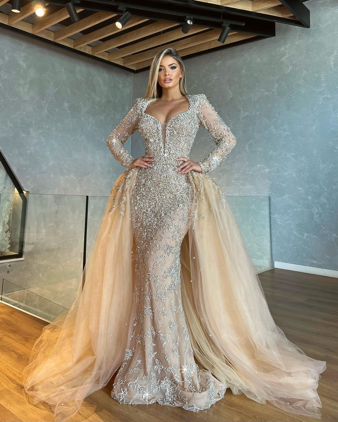 Silver Beaded Dress with Tulle Detachable Overskirt