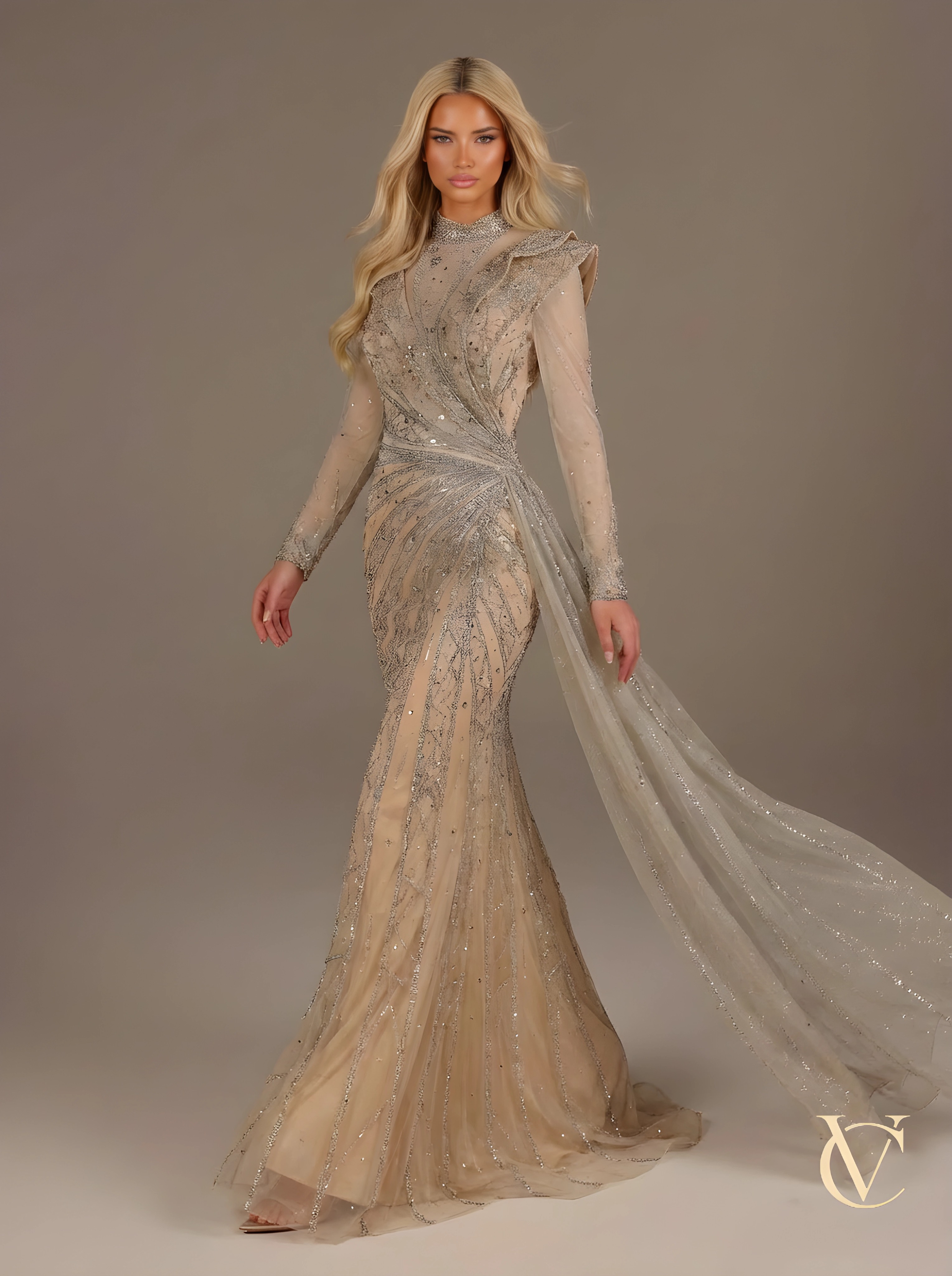 Luxury Embellished Nude Couture Gown