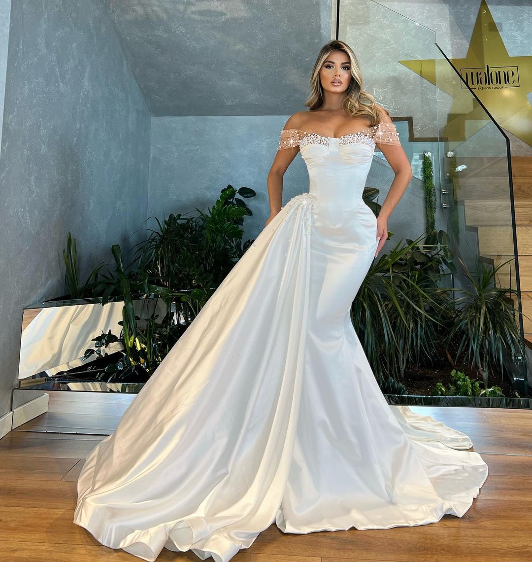 Pearl Satin Wedding Dress with Detachable Train