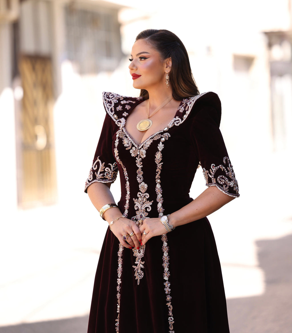Elirá - Burgundy Velvet Long Gown with Silver Embroidery