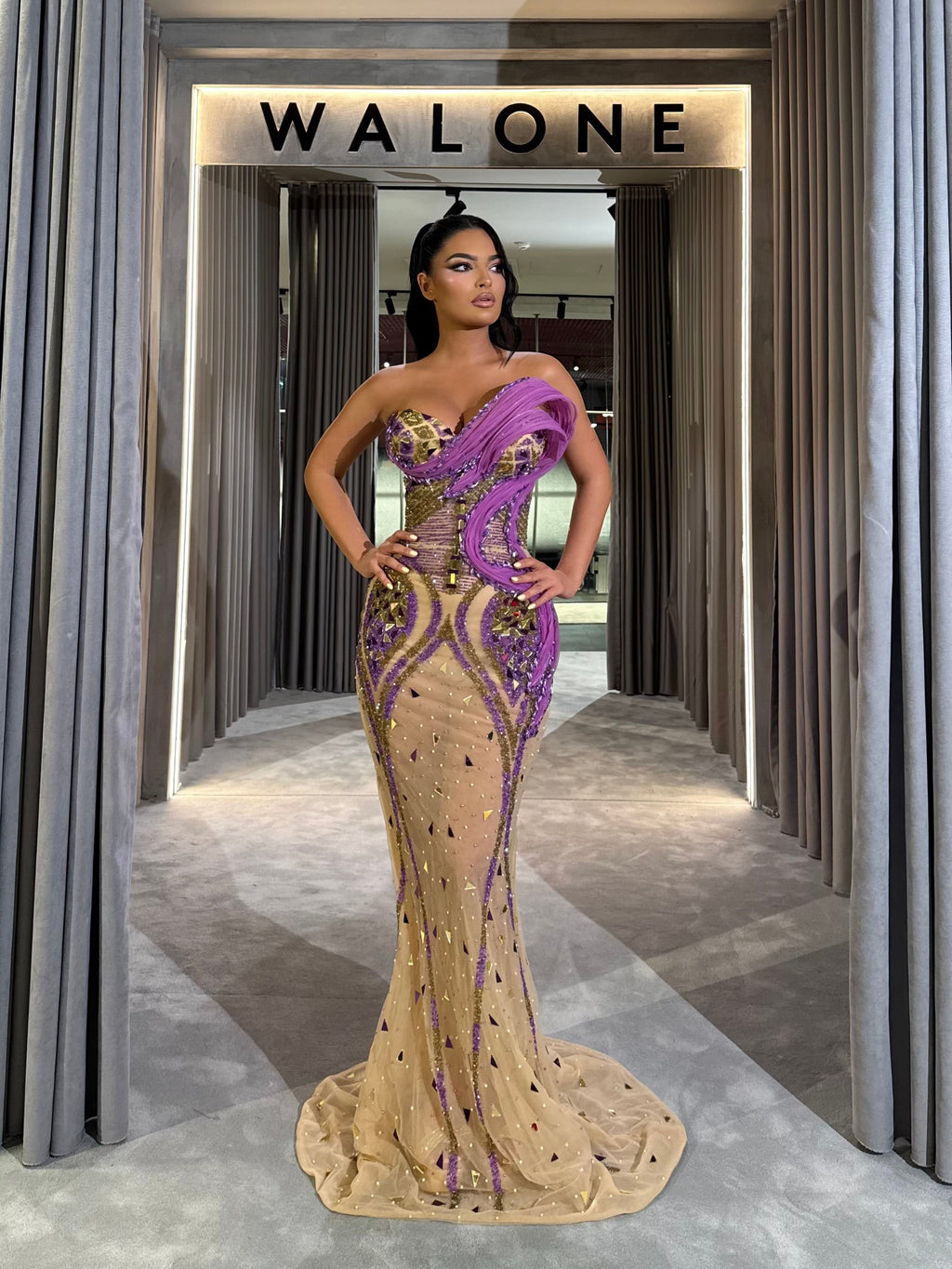 Nude Dress with purple & gold detailing