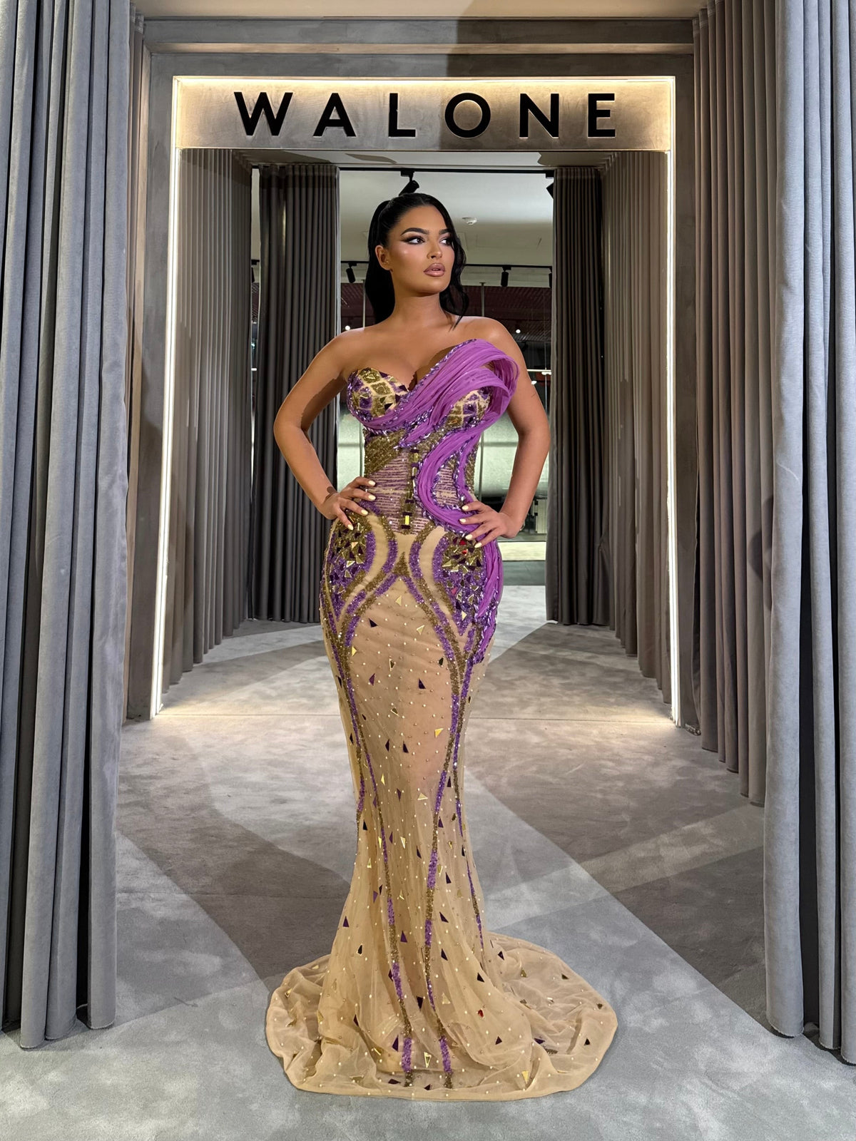 Nude Dress with purple & gold detailing
