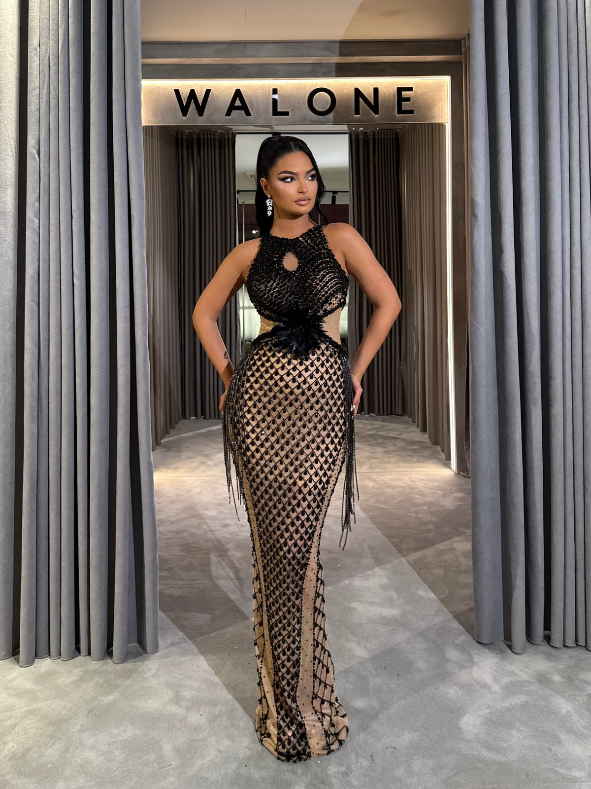 Black Beaded Gown with Feather Waist Detail