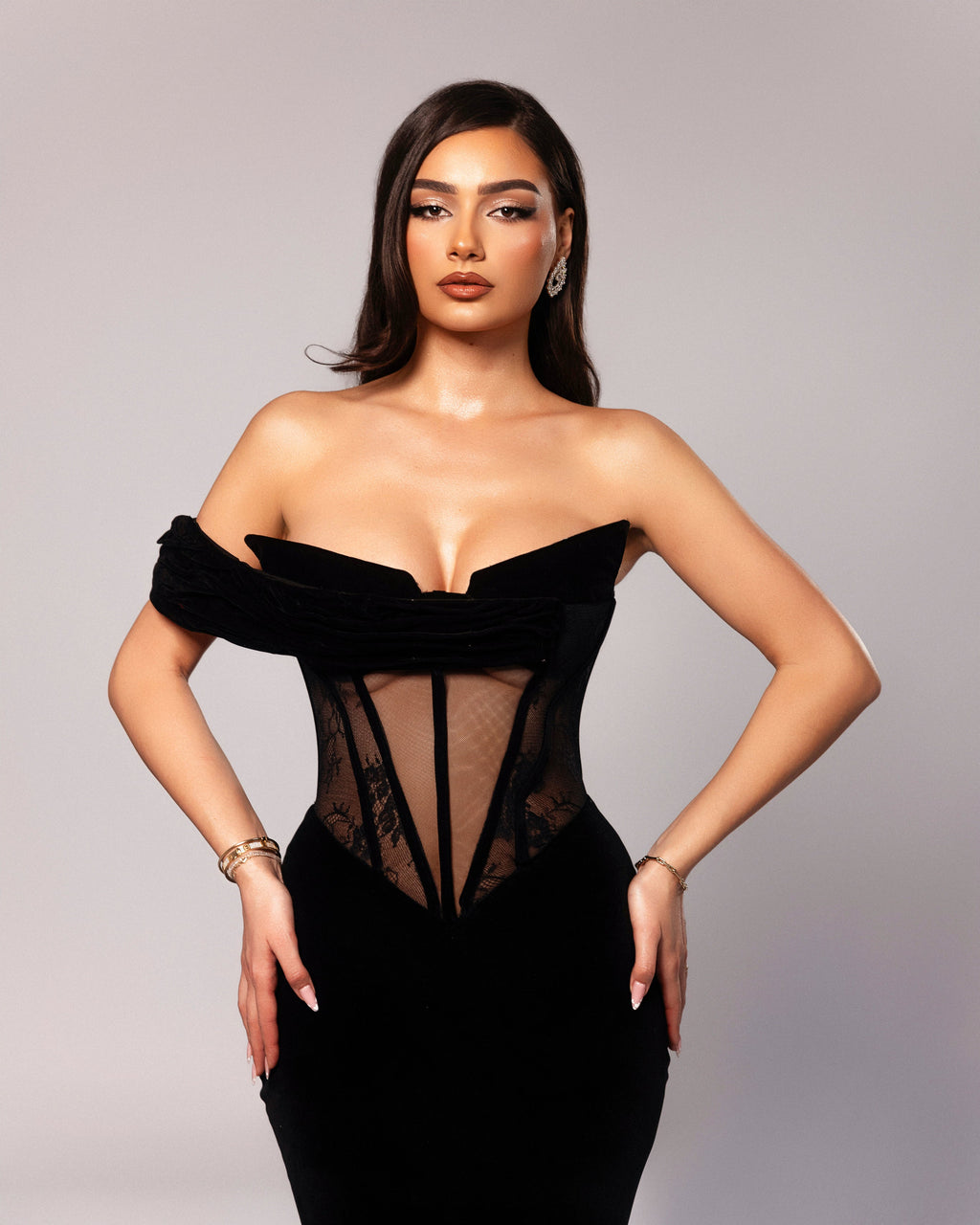 Black Velvet Gown with Sheer Lace Detailing