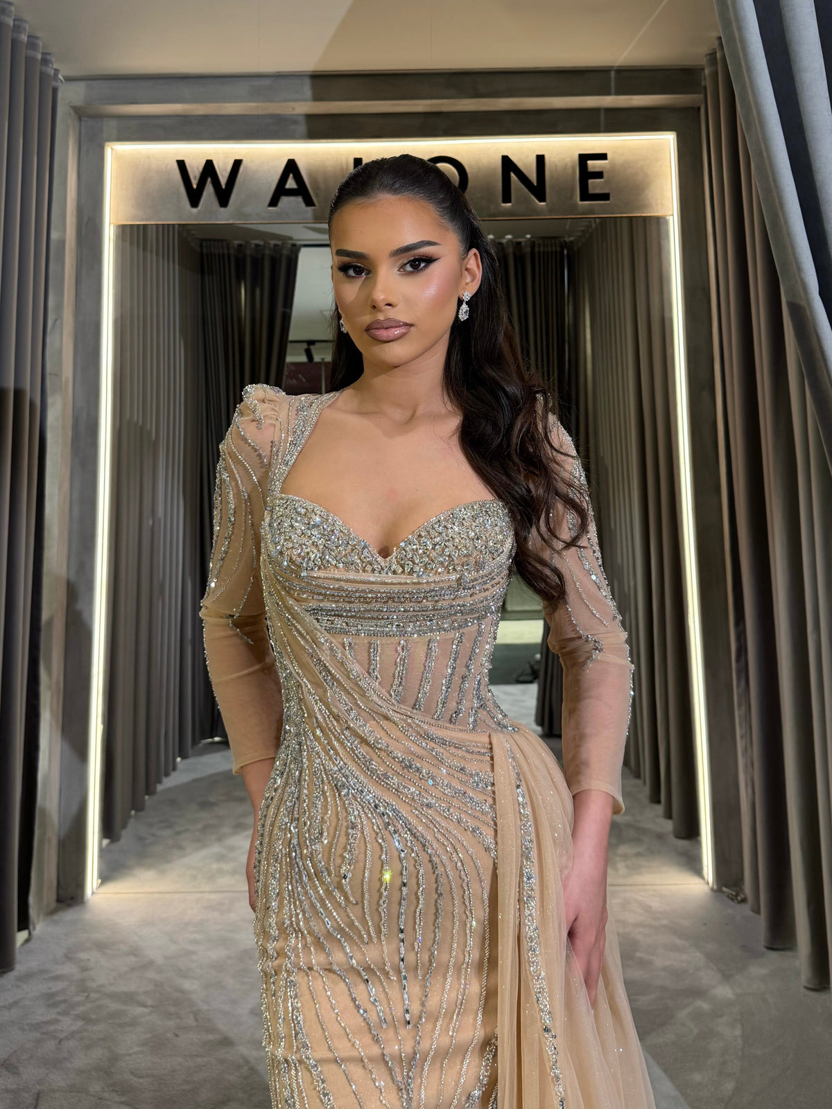 Champagne Long Sleeve Crystal Gown
