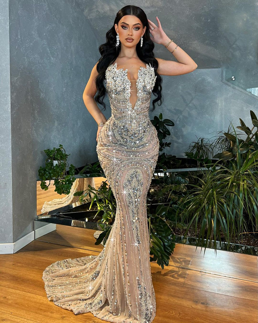 Silver Beaded Dress with Rhinestone Corset