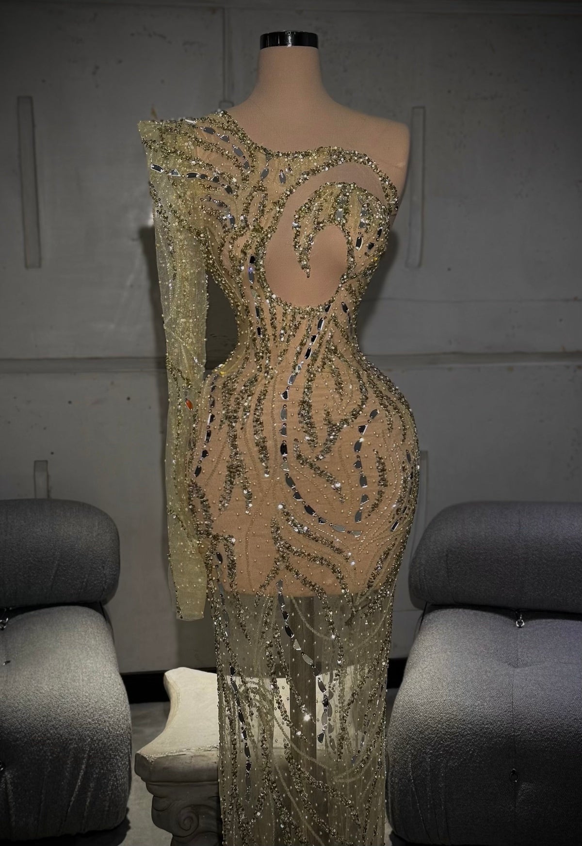 Urèla - One Shoulder Gold Mirror Gown