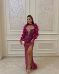 Long Sleeve Purple Embellished Evening Dress